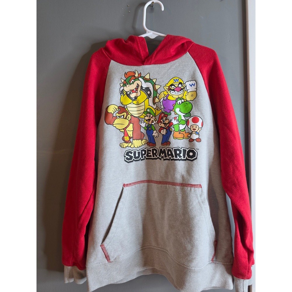 Nintendo Super Mario Bros Kids Hoodie Red Gray Raglan Graphic Sweatshirt M